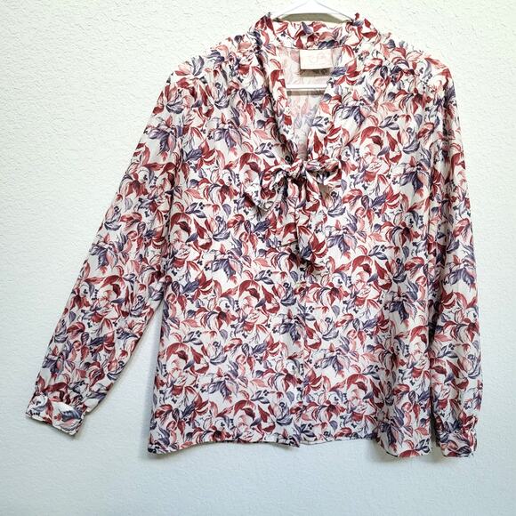 Tan Jay Vintage Blouse Womens Large Floral V Neck Tie Bow Neck Rust 70s 80s Fall - Picture 2 of 12